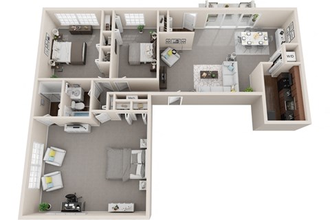 3 bed 2 bath, 1437sf 3d floor plan  at Kenilworth at Charles Apartments, Towson, MD